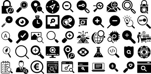Mega Set Of Search Icons Set Hand-Drawn Solid Vector Silhouettes People, Vision, Set, Find Pictograph Isolated On Transparent Background