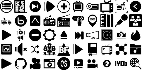 Huge Collection Of Media Icons Set Solid Design Pictograms App, Set, Attraction, Bw Illustration Vector Illustration
