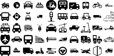 Big Collection Of Transportation Icons Collection Hand-Drawn Linear Modern Symbols Funicular, Bus, Set, Global Pictograms Isolated On Transparent Background