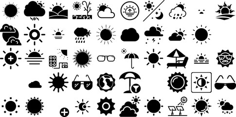 Big Set Of Sun Icons Pack Linear Design Glyphs Set, Sweet, Hand-Drawn, Mark Glyphs Isolated On Transparent Background - obrazy, fototapety, plakaty