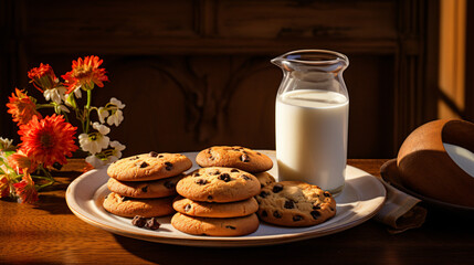 Cookies and glass of milk. Generative AI