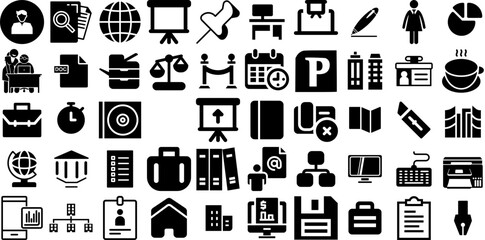 Massive Collection Of Office Icons Collection Hand-Drawn Black Concept Symbol Tool, Set, Condo, Person Illustration Isolated On White Background