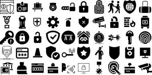 Mega Set Of Security Icons Bundle Hand-Drawn Black Simple Silhouette Set, Person, Mark, Tool Logotype Isolated On Transparent Background - obrazy, fototapety, plakaty