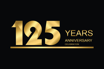 125 year anniversary vector banner template. gold icon isolated on black background.
