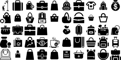 Big Collection Of Bag Icons Collection Black Design Pictograms Finance, Silhouette, Investment, Goodie Symbol Vector Illustration