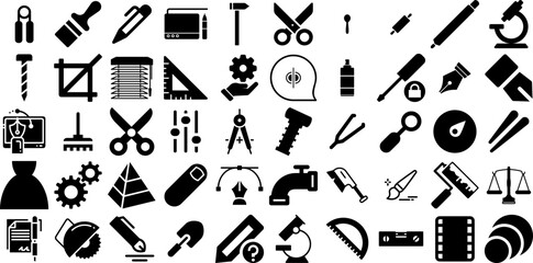 Big Set Of Tool Icons Collection Solid Simple Glyphs Engineering, Set, Tool, Trimming Logotype Isolated On White Background