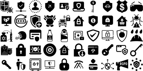 Huge Set Of Protection Icons Bundle Solid Drawing Clip Art Mark, Optical, Health, Set Pictograph Isolated On White