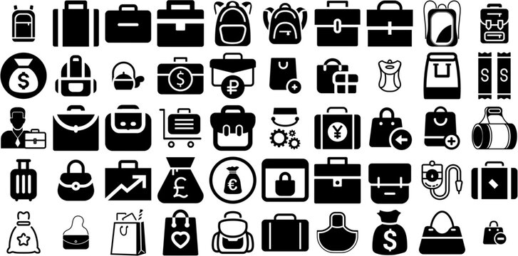 Massive Set Of Bag Icons Bundle Hand-Drawn Linear Drawing Pictograms Goodie, Finance, Investment, Silhouette Symbol For Computer And Mobile