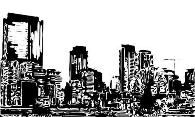 black and white sketch of a multi-storey building in a big city seen from a distance with transparent background