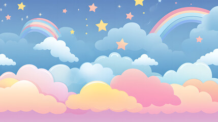 Kawaii Fantasy Pastel Colorful Sky with Clouds and Stars Background in Paper Cut and Paste Style