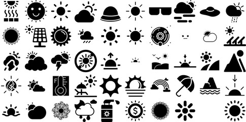 Big Collection Of Sun Icons Set Linear Concept Symbols Set, Sweet, Mark, Hand-Drawn Doodles Isolated On White Background