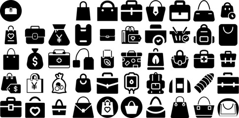 Mega Set Of Bag Icons Collection Hand-Drawn Black Design Silhouette Investment, Finance, Goodie, Silhouette Element Isolated On Transparent Background