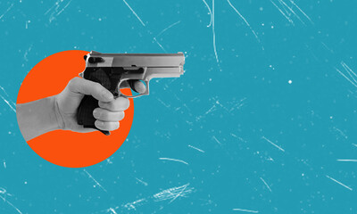 Art collage, modern design, hand with a gun on blue background. Copying space, for advertising or...