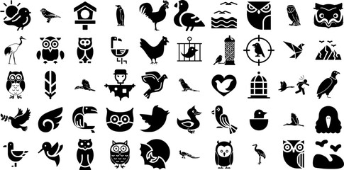 Mega Collection Of Bird Icons Collection Solid Vector Clip Art Fauna, Icon, Silhouette, Symbol Illustration Isolated On White Background - obrazy, fototapety, plakaty