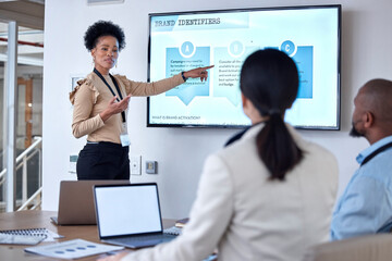 Presentation, teamwork and businesswoman talking to colleagues in the office conference room....