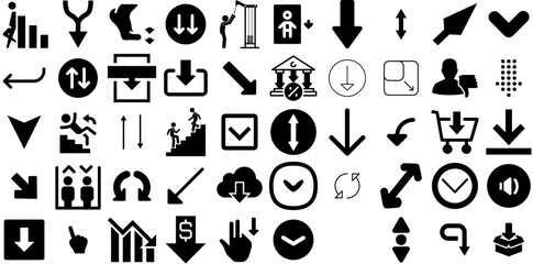 Massive Set Of Down Icons Collection Hand-Drawn Linear Concept Silhouettes Circle, Symbol, Go, Icon Symbols Vector Illustration