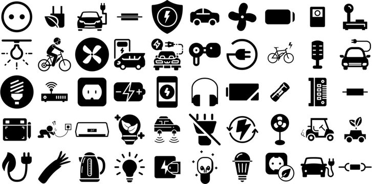 Huge Set Of Electric Icons Pack Solid Vector Elements Yacht, Sensor, Entertainment, Accordion Glyphs Vector Illustration