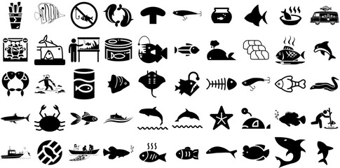 Huge Collection Of Fish Icons Set Black Infographic Web Icon Jesus Christ, Icon, Bowl, Symbol Clip Art Isolated On White Background