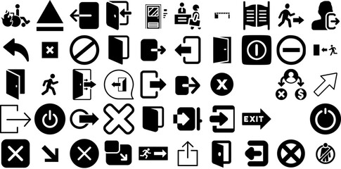 Massive Collection Of Exit Icons Bundle Flat Cartoon Silhouette Exit, Icon, Doorway, Staircase Buttons Isolated On Transparent Background