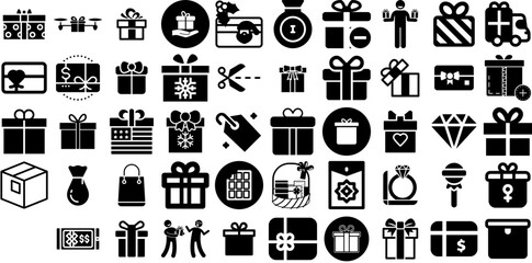 Mega Collection Of Gift Icons Pack Black Design Signs Gift, Ribbon, Icon, Coin Silhouette Vector Illustration