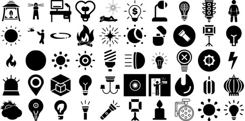 Huge Collection Of Light Icons Bundle Hand-Drawn Black Drawing Symbols Set, Silhouette, Tool, Glistering Doodle Isolated On White