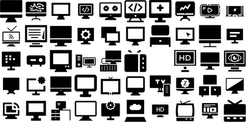 Big Collection Of Lcd Icons Pack Hand-Drawn Isolated Simple Clip Art Alphabet, Monitor, Laptop, Lcd Glyphs Isolated On Transparent Background