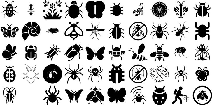 Massive Set Of Insect Icons Bundle Flat Infographic Elements Icon, Pest, Bug, Unhygienic Logotype Isolated On White