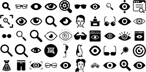 Big Collection Of Look Icons Collection Solid Drawing Symbol Magnifier, Facility, Icon, Symbol Pictogram Isolated On Transparent Background