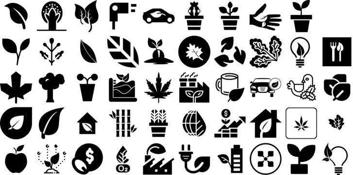 Big Set Of Leaf Icons Bundle Linear Cartoon Pictogram Set, Silhouette, Global, Trinity Silhouette For Apps And Websites