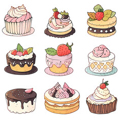 Set of cartoon bakery isolated, Hand drawn style