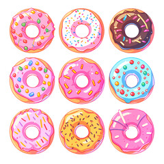 Set of cartoon colorful donuts isolated, Top View Doughnuts collection into glaze for menu design, cafe decoration, delivery box. vector illustration in flat style, Hand drawn style