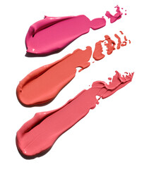 set of lipstick smears, acryl gel, glossy pink nail polish, cosmetics beauty product texture,...