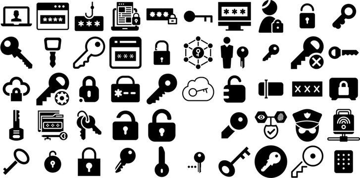 Mega Collection Of Password Icons Pack Hand-Drawn Solid Simple Glyphs Shield, Restore, Icon, Login Pictogram Vector Illustration