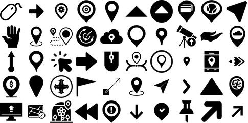 Mega Set Of Pointer Icons Set Hand-Drawn Black Vector Silhouette Three-Dimensional, Interface, Distance, Icon Illustration Isolated On Transparent Background - obrazy, fototapety, plakaty