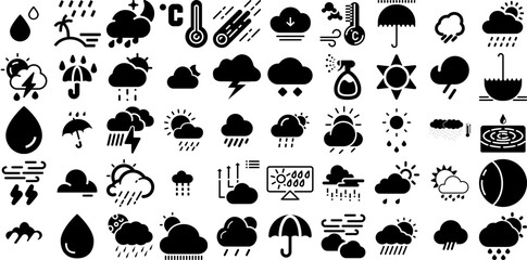 Big Collection Of Rain Icons Pack Hand-Drawn Solid Concept Symbol Dripped, Umbrella, Icon, Forecast Illustration For Computer And Mobile