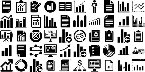 Big Collection Of Report Icons Bundle Hand-Drawn Linear Design Symbols Mark, Icon, Infographic, Finance Glyphs Isolated On White Background - obrazy, fototapety, plakaty