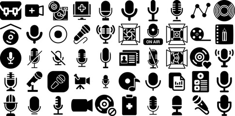 Huge Collection Of Record Icons Bundle Black Cartoon Pictograms Big, Music, Page, File Doodles Isolated On White Background
