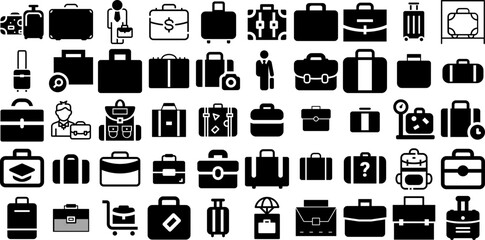 Huge Set Of Suitcase Icons Pack Hand-Drawn Black Modern Signs Icon, Trip, Suitcase, Baggage Clip Art Isolated On Transparent Background