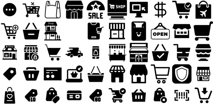 Mega Collection Of Store Icons Set Black Vector Silhouettes Silhouette, Thin, Icon, Symbol Glyphs Isolated On Transparent Background