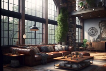 Fototapeta premium Modern design interior hotel with big window. Generative AI