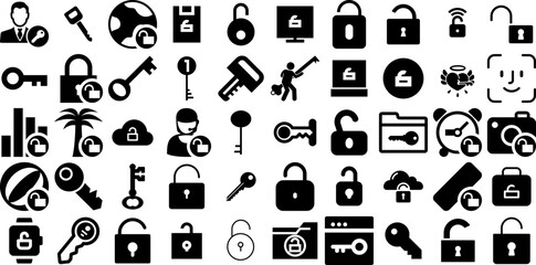 Big Collection Of Unlock Icons Pack Solid Modern Symbol Icon, Close, Rent, Security Clip Art Isolated On White Background