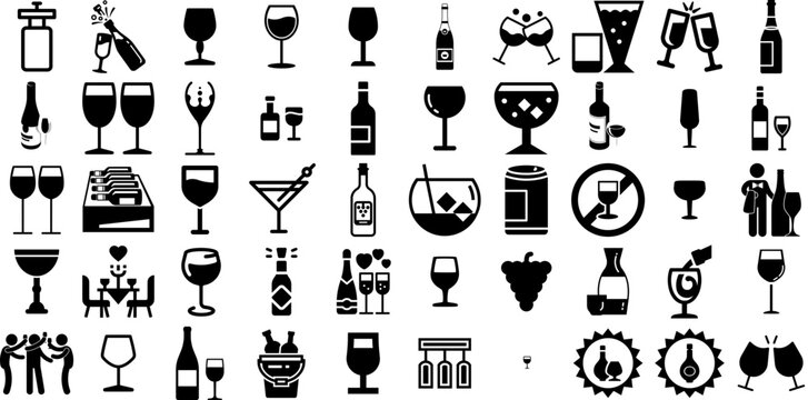 Big Collection Of Wine Icons Collection Flat Drawing Clip Art Icon, Wine, Drink, Set Doodle For Computer And Mobile