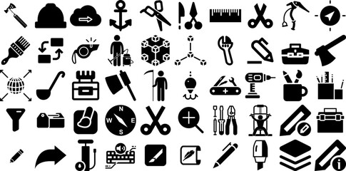 Big Set Of Tool Icons Bundle Hand-Drawn Black Modern Clip Art Engineering, Tool, Set, Trimming Logotype Isolated On White - obrazy, fototapety, plakaty