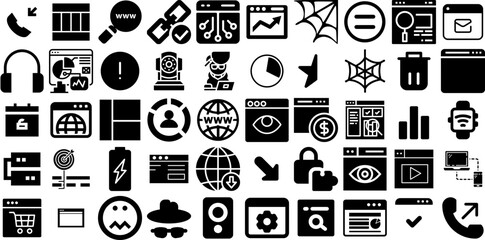 Huge Set Of Web Icons Pack Hand-Drawn Solid Drawing Symbols Silhouette, People, Court, Mark Doodles Isolated On Transparent Background