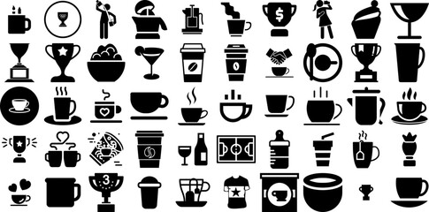 Massive Collection Of Cup Icons Collection Hand-Drawn Black Cartoon Symbols Victory, Tool, Icon, Measurement Illustration Isolated On Transparent Background - obrazy, fototapety, plakaty