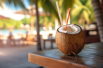 Free photo coconut cocktail with drinking straw on a palm tree in the beach photography