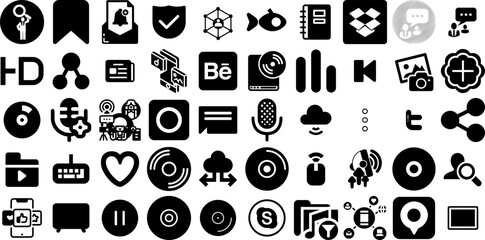 Mega Set Of Media Icons Bundle Hand-Drawn Solid Modern Elements App, Attraction, Set, Bw Doodle Isolated On White