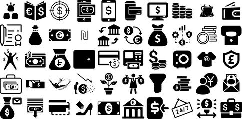 Big Collection Of Money Icons Pack Hand-Drawn Black Modern Silhouette Goodie, Coin, Finance, Silhouette Elements Isolated On Transparent Background