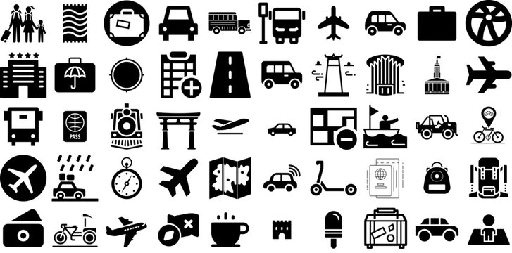 Massive Collection Of Travel Icons Collection Hand-Drawn Linear Simple Elements Silhouette, Pointer, Photo Camera, Yacht Buttons Isolated On White Background