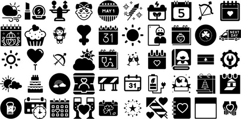 Massive Collection Of Day Icons Collection Hand-Drawn Linear Drawing Silhouette Symbol, Trowel, Nubes, Icon Pictograms Vector Illustration - obrazy, fototapety, plakaty